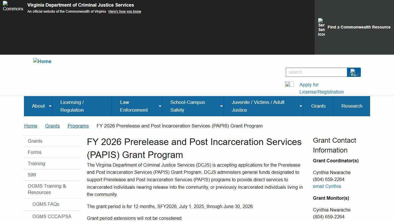 FY 2026 Prerelease and Post Incarceration Services (PAPIS) Grant Program | Virginia Department of Criminal Justice Services
