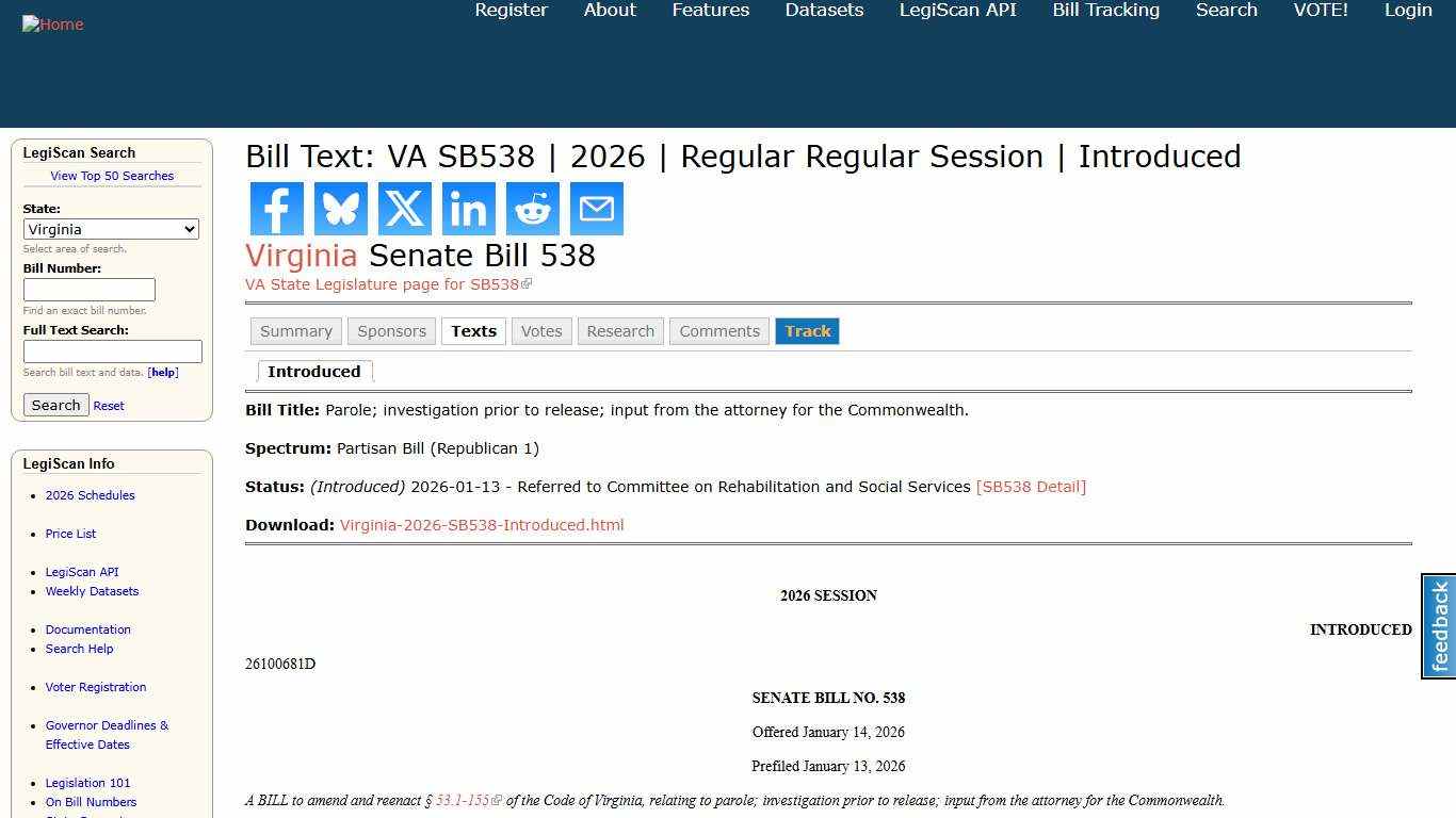 Bill Text: VA SB538 | 2026 | Regular Regular Session | Introduced | LegiScan